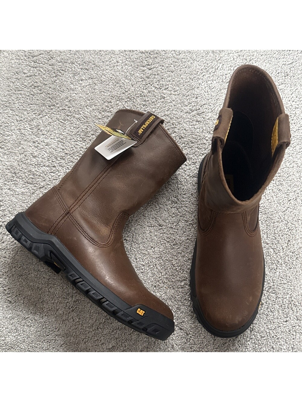 Caterpillar Men’s Drawbar Pull-On Work Boots Soft Toe Size 7 NWT Brown Leather